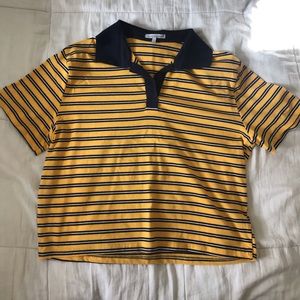 Navy Blue Yellow Striped Cropped Short Sleeve Polo